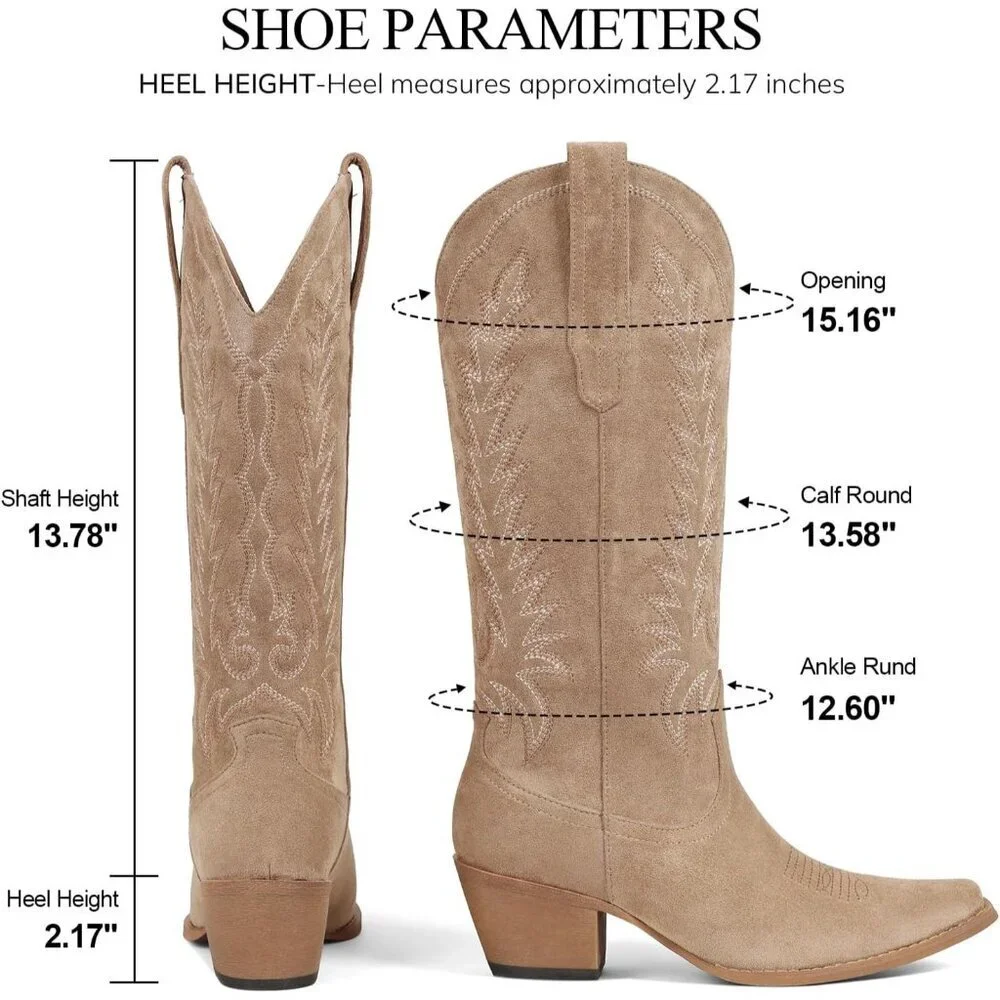 Women's Camel Western Knee High Pointed Toe Chunky Heel Cowgirl Tall Boots